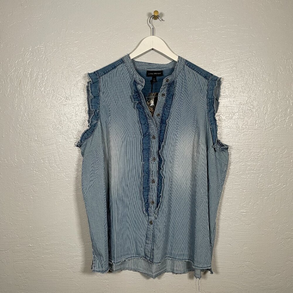 Lane Bryant Women Plus Size 20 Striped Denim Blouse Button Front Ruffle Cotton
